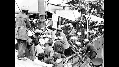Archival photo of the crowded deck of the Komagata Maru at Vancouver harbour in 1914. (File Photo)