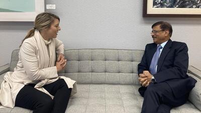 Canadian Foreign Minister Melanie Joly (left) met with India’s High Commissioner Sanjay Kumar Verma in Ottawa ahead of her visit to New Delhi. (Credit: Melanie Joly/Twitter) Canadian Foreign Minister Melanie Joly (left) met with India’s High Commissioner Sanjay Kumar Verma in Ottawa ahead of her visit to New Delhi. (Credit: Melanie Joly/Twitter)