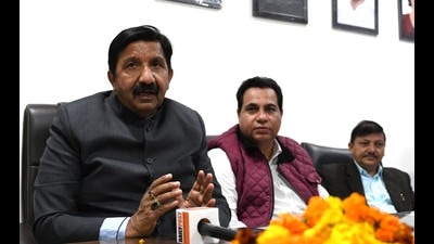 Himachal deputy CM Mukesh Agnihotri during a press conference in Chandigarh on Sunday. Agnihotri visited the EV Expo organised by the PHD Chamber of Commerce and Industry on Sunday. (Keshav Singh/HT)