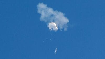 The suspected Chinese spy balloon drifts to the ocean after being shot down off the coast in Surfside Beach, South Carolina, US, on Saturday. (REUTERS) The suspected Chinese spy balloon drifts to the ocean after being shot down off the coast in Surfside Beach, South Carolina, US, on Saturday. (REUTERS)