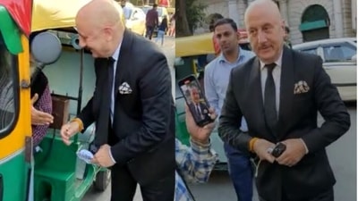 Anupam Kher after his auto rickshaw ride in Delhi on Sunday afternoon. Anupam Kher after his auto rickshaw ride in Delhi on Sunday afternoon.
