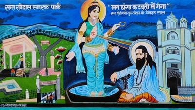 A painting of Sant Ravidas at one of his temples. (HT Photo) A painting of Sant Ravidas at one of his temples. (HT Photo)