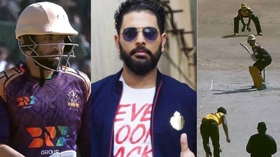 Pakistan all-rounder Iftikhar Ahmed; Yuvraj Singh; Screengrab of Iftikhar hitting six sixes moment (Twitter/file photo)