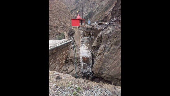 A bridge on the Chamba-Bharmour National Highway collapsed in Chamba on Sunday. (PTI)
