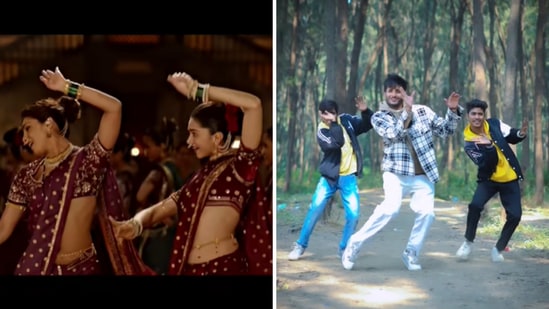 The image shows the men dancing to Deepika Padukone and Priyanka Chopra’s Pinga.(Instagram/@m_mohit_yadav, YouTube/@Eros Now Music)