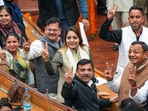AAP mayor candidate Shelly Oberoi along with senior AAP leader Sanjay Singh and MCD Councillors flashes victory sign during the election of mayor and deputy mayor, at the Civic Centre Monday,(PTI) AAP mayor candidate Shelly Oberoi along with senior AAP leader Sanjay Singh and MCD Councillors flashes victory sign during the election of mayor and deputy mayor, at the Civic Centre Monday,(PTI)