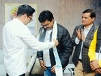 BJP MLA Suman Kanjilal is being gifted TMC scarf by pary National General Secretary Abhishek Banerjee, in Kolkata. (PTI) BJP MLA Suman Kanjilal is being gifted TMC scarf by pary National General Secretary Abhishek Banerjee, in Kolkata. (PTI)