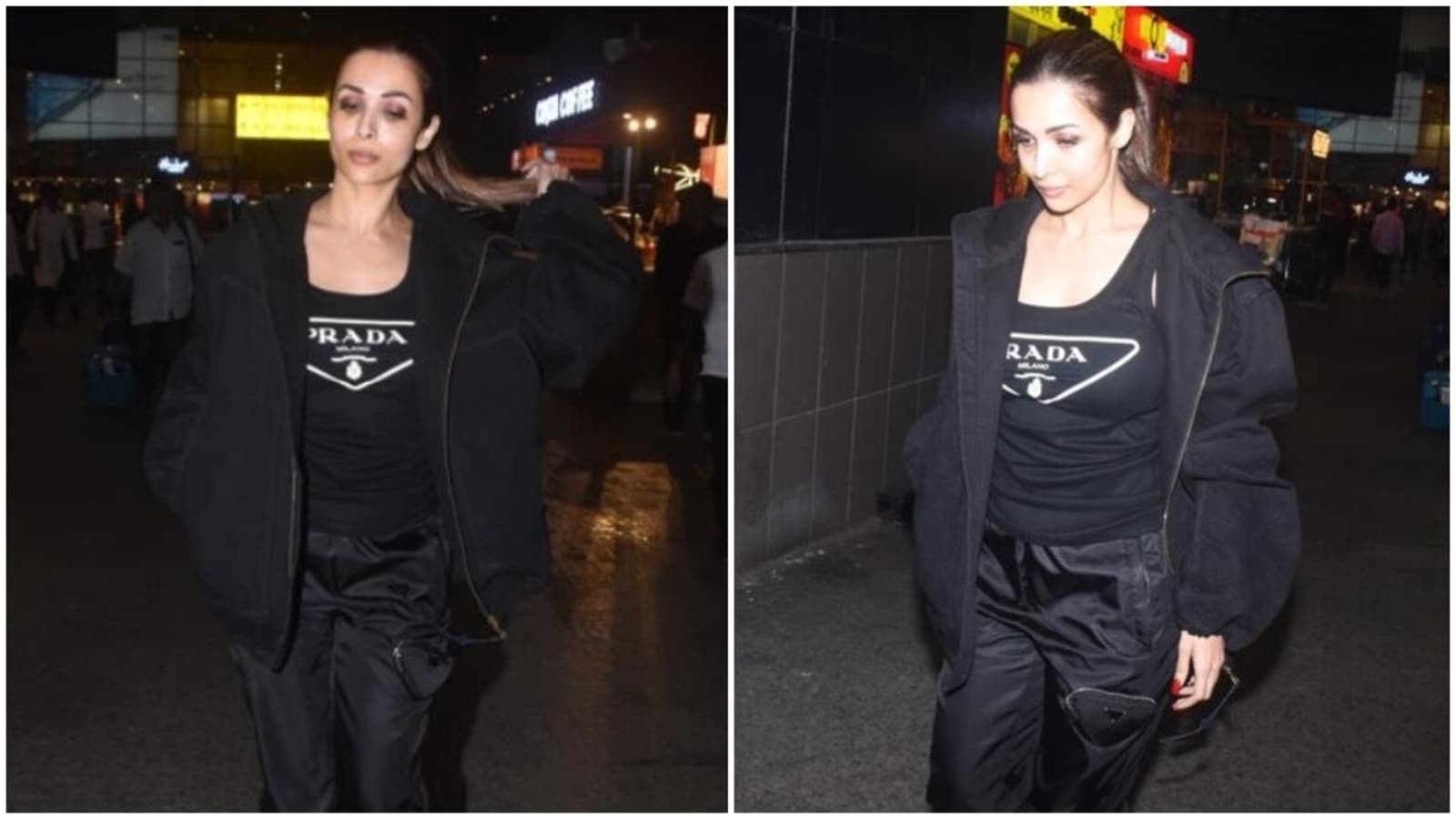 Malaika Arora channels fierce vibes in all-black tank top, pants and oversized jacket to slay airport fashion. Watch