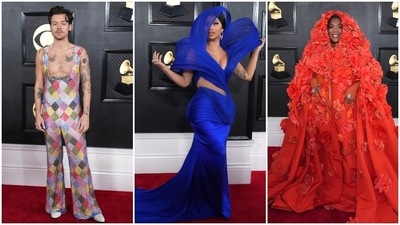 Harry Styles goes shirtless in overalls, Cardi B wears Indian designer at 65th Grammy Awards. (AP) Harry Styles goes shirtless in overalls, Cardi B wears Indian designer at 65th Grammy Awards. (AP)