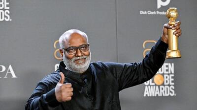 Music Composer MM Keeravani wins the award in the category of Best Original Song for 'Naatu Naatu' featured in the film 'RRR' at the 80th Golden Globe Award, in California (RRR Movie twitter) Music Composer MM Keeravani wins the award in the category of Best Original Song for 'Naatu Naatu' featured in the film 'RRR' at the 80th Golden Globe Award, in California (RRR Movie twitter)