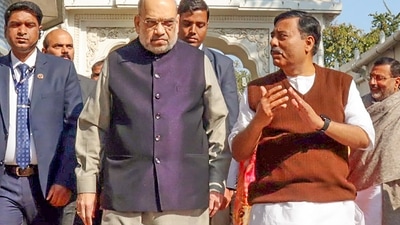 Home Minister Amit Shah during his visit to Thakur Anukulchandra's Satsang Ashram in Deoghar district on Sunday (PTI) Home Minister Amit Shah during his visit to Thakur Anukulchandra's Satsang Ashram in Deoghar district on Sunday (PTI)