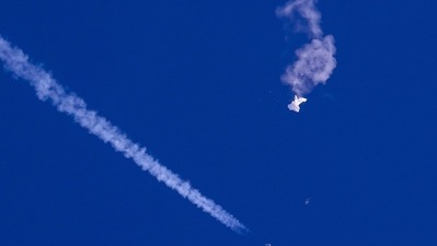 Remnants of Chinese spy balloon drift above the Atlantic Ocean, just off the coast of South Carolina. (AP) Remnants of Chinese spy balloon drift above the Atlantic Ocean, just off the coast of South Carolina. (AP)