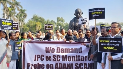 Congress president Mallikarjun Kharge and other leaders and members protesting near the Gandhi statue on Parliament premises, demanding a JPC or Supreme Court-monitored probe into Adani crisis. (HT Photo/Sanjeev Verma) Congress president Mallikarjun Kharge and other leaders and members protesting near the Gandhi statue on Parliament premises, demanding a JPC or Supreme Court-monitored probe into Adani crisis. (HT Photo/Sanjeev Verma)