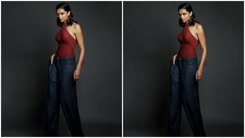 Deepika's top came with midriff-baring halter neck details. She teamed it with a pair of dark blue jeans with wide legs. (Instagram/@deepikapadukone)