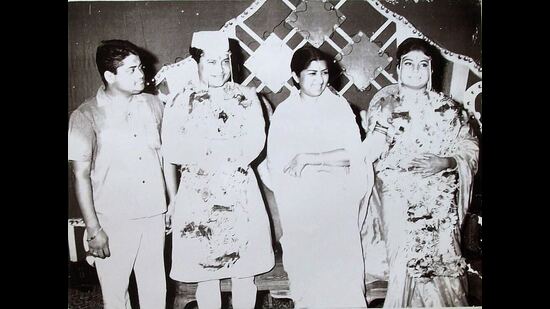 Lata Mangeshkar at Laxmikant’s wedding; (far left) Pyarelal