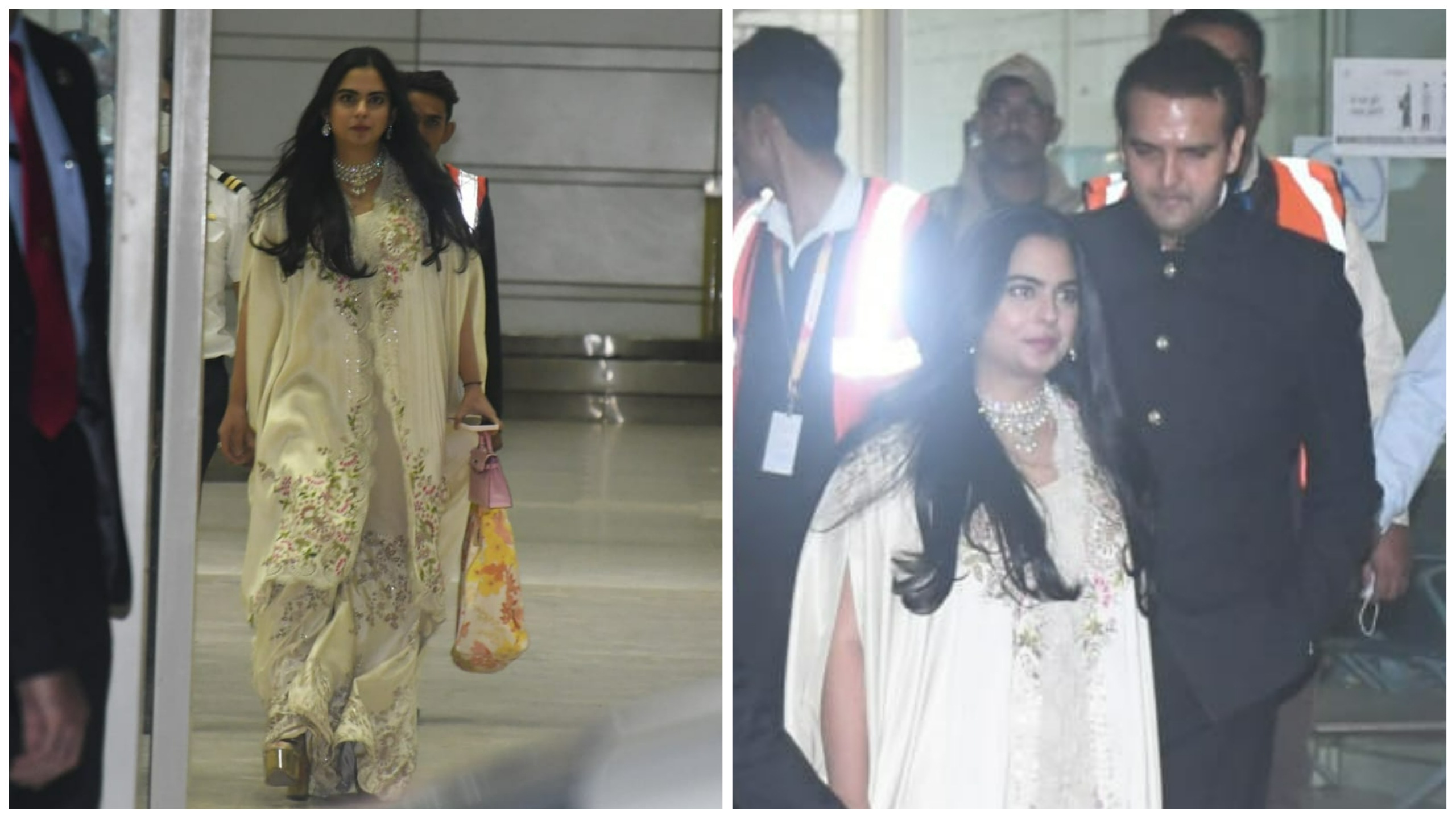Isha Ambani chose a cream ensemble for Kiara Ambani's wedding. Isha Ambani chose a cream ensemble for Kiara Ambani's wedding.