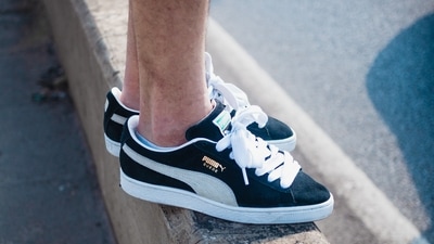 Puma suede black on on sale feet