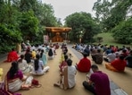 The yoga and meditation session started with a soul-stirring musical performance by volunteers that included soothing flute music and a powerful recital of Nirbhay Nirgun by Kabir, the 15th century poet and mystic.