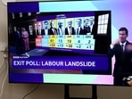 Members of the media look at the exit polls on TV at the Richmond and Northallerton count centre in Northallerton, Britain. (Reuters)