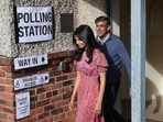 Britain's Prime Minister Rishi Sunak and his wife Akshata Murty leave a polling station after voting near Richmond, North Yorkshire, England, Thursday, July 4, 2024. Britain's Prime Minister Rishi Sunak and his wife Akshata Murty leave a polling station after voting near Richmond, North Yorkshire, England, Thursday, July 4, 2024.