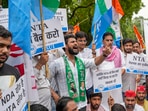New Delhi: Members of various student organisations stage a protest against the National Testing Agency (NTA) over the alleged irregularities in NEET-UG exams 2024, at Janter Manter, in New Delhi, Wednesday, July 3, 2024. (PTI Photo/Kamal Singh)(PTI)