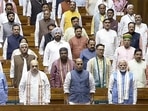 Prime Minister Narendra Modi, Union Ministers and NDA MPs in the Lok Sabha on Tuesday. (ANI) Prime Minister Narendra Modi, Union Ministers and NDA MPs in the Lok Sabha on Tuesday. (ANI)