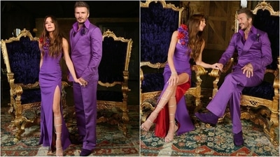 David and Victoria Beckham marked 25 years of marriage by revisiting their iconic purple Antonio Berardi outfits, setting major couple fashion goals. (Instagram) David and Victoria Beckham marked 25 years of marriage by revisiting their iconic purple Antonio Berardi outfits, setting major couple fashion goals. (Instagram)