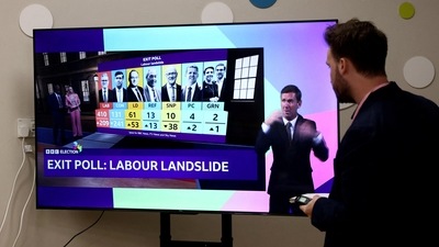 Members of the media look at the exit polls on TV at the Richmond and Northallerton count centre in Northallerton, Britain. (Reuters)