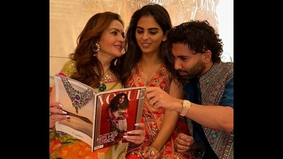 Nita Ambani holding Vogue India magazine as she looks at Isha Ambani. Orry shares the frame with Ambani ladies. (Instagram/@Orry)