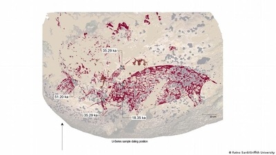Humans have been painting on the same cave wall in Indonesia for over 30,000 years. (Ratno Sardi/Griffith University ) Humans have been painting on the same cave wall in Indonesia for over 30,000 years. (Ratno Sardi/Griffith University )