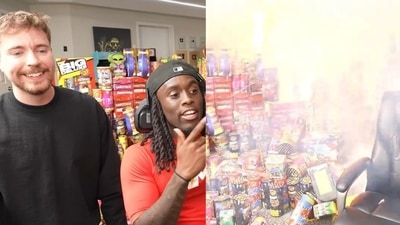 MrBeast and Kai Cenat (left) as seen before the explosion (right) during their Wednesday night stream. MrBeast and Kai Cenat (left) as seen before the explosion (right) during their Wednesday night stream.