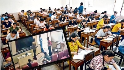 A screengrab of Shaheed Bhagat Singh College's CCTV footage shows some individuals damaging an interactive smart classroom panel. SOL students have been appearing for their exams at different centres across DU colleges. (Photo for representation purposes only). (Photo: Gokul VS/HT)