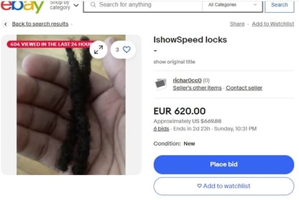 One of the several eBay listings that put "IShowSpeed's hair" for an auction. One of the several eBay listings that put "IShowSpeed's hair" for an auction.
