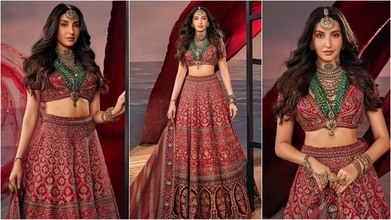 Nora Fatehi transforms into an ethnic princess in her latest photoshoot, dazzling in a heavily embroidered red lehenga. The ensemble features a deep V-neck blouse paired with an intricately adorned skirt, highlighting exquisite craftsmanship. She complementing her look with green emerald jewellery, voluminous curls, and glam makeup.(Instagram/@norafatehi)