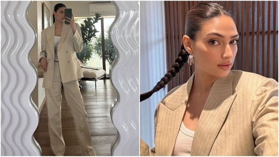 Athiya Shetty has impressed her fans once more by giving a vintage Suniel Shetty suit a modern twist. The timeless beige suit, adorned with horizontal stripes, is now paired with a classic white tank top and retro canvas shoes, showcasing her unique fashion sense.(Instagram)