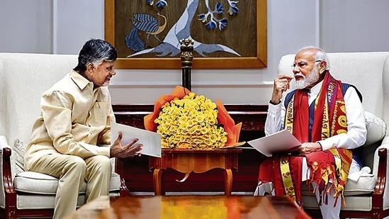 Andhra Pradesh CM Chandrababu Naidu with Prime Minister Narendra Modi in New Delhi. (PTI)