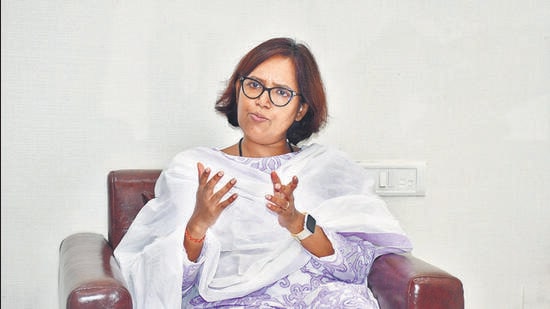 Congress MP and President of the Mumbai Regional Congress Committee Varsha Gaikwad, at MRCC office, in Mumbai, India, on Thursday, July 04, 2024. (Photo by Bhushan Koyande/HT Photo)