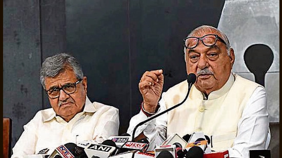 Former Haryana CM Bhupinder Singh Hooda during a press meet in Chandigarh on Thursday. (Keshav Singh/ht)