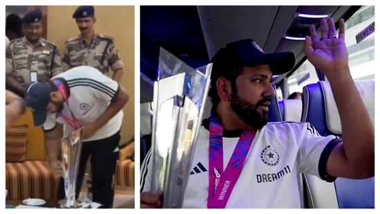 Rohit Sharma took some time out to clean the ICC T20 World Cup trophy in the lead-up to India’s victorious bus parade