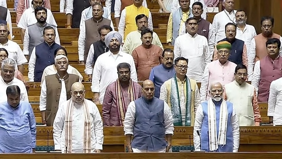 Prime Minister Narendra Modi, Union Ministers and NDA MPs in the Lok Sabha on Tuesday. (ANI)