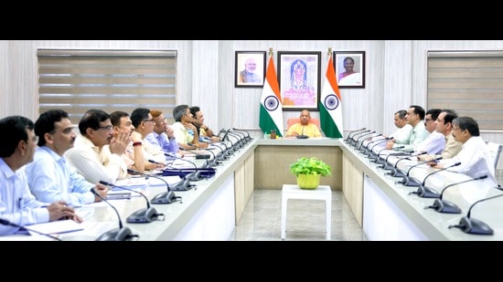UP chief minister Yogi Adityanath chairing a review meeting of the PWD in Lucknow on Thursday (HT Photo)