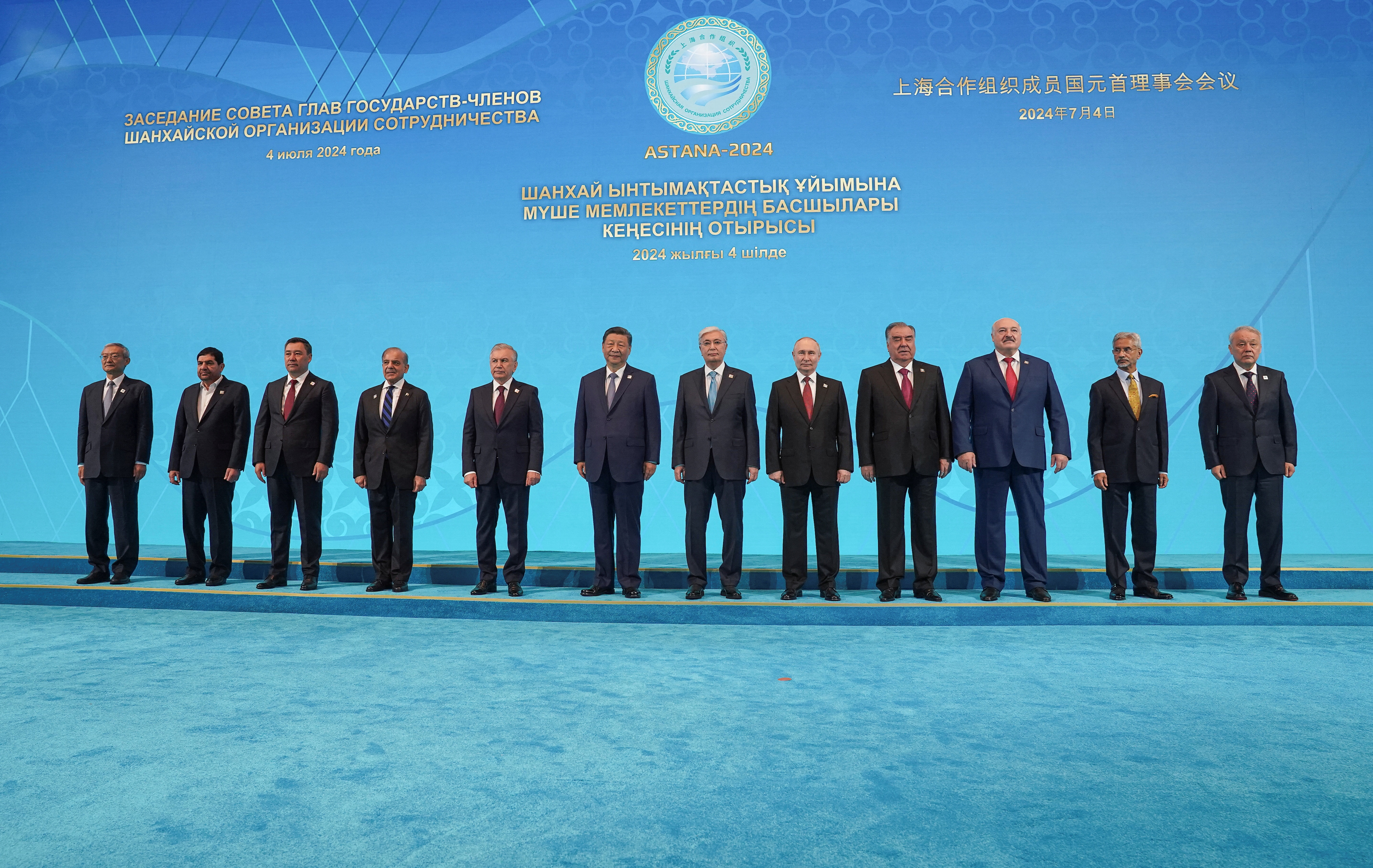 SCO Secretary-General Zhang Ming, Iranian Interim President Mohammad Mokhber, Kyrgyz President Sadyr Japarov, Pakistani Prime Minister Shehbaz Sharif, Uzbek President Shavkat Mirziyoyev, Chinese President Xi Jinping, Kazakh President Kassym-Jomart Tokayev, Russian President Vladimir Putin, Tajik President Emomali Rakhmon, Belarusian President Alexander Lukashenko, Indian Foreign Minister S Jaishankar and Director of the SCO Regional Anti-Terrorist Structure (RATS) executive committee Ruslan Mirzayev take part in a photo ceremony at Shanghai Cooperation Organization (SCO) summit in Astana (REUTERS) SCO Secretary-General Zhang Ming, Iranian Interim President Mohammad Mokhber, Kyrgyz President Sadyr Japarov, Pakistani Prime Minister Shehbaz Sharif, Uzbek President Shavkat Mirziyoyev, Chinese President Xi Jinping, Kazakh President Kassym-Jomart Tokayev, Russian President Vladimir Putin, Tajik President Emomali Rakhmon, Belarusian President Alexander Lukashenko, Indian Foreign Minister S Jaishankar and Director of the SCO Regional Anti-Terrorist Structure (RATS) executive committee Ruslan Mirzayev take part in a photo ceremony at Shanghai Cooperation Organization (SCO) summit in Astana (REUTERS)