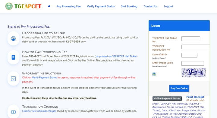 TS EAMCET Counselling: The first step is to make payment of the processing fee (tgeapcet.nic.in)