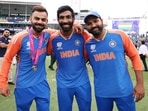 India's captain Rohit Sharma, Virat Kohli and Jasprit Bumrah pose for a group picture after Team India wins the ICC Mens T20 World Cup 2024 final match against South Africa India's captain Rohit Sharma, Virat Kohli and Jasprit Bumrah pose for a group picture after Team India wins the ICC Mens T20 World Cup 2024 final match against South Africa