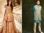 The image shows Akash Ambani in a Kunal Rawal creation and Shloka Mehta in a Tarun Tahiliani lehenga. (Instagram/@kunalrawalofficial, @dmjatia) The image shows Akash Ambani in a Kunal Rawal creation and Shloka Mehta in a Tarun Tahiliani lehenga. (Instagram/@kunalrawalofficial, @dmjatia)