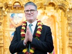 Labour Party leader Sir Keir Starmer during a visit to the Shree Swaminarayan Mandir Hindu temple in Kingsbury, London (AP)