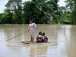 . Chief Minister Sarma has claimed that the Assam flood situation has improved and water is receding, while the SDRF also begins rescues in Hailakandi district (Photo by Biju BORO / AFP)(AFP)