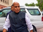 Defence minister Rajnath Singh arrives at the Parliament House complex during the first session of the 18th Lok Sabha.(PTI)