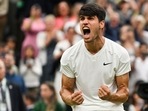 Spain's Carlos Alcaraz celebrates winning against US player Frances Tiafoe during their men's singles match at Wimbledon(AFP) Spain's Carlos Alcaraz celebrates winning against US player Frances Tiafoe during their men's singles match at Wimbledon(AFP)