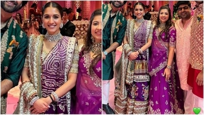 Radhika Merchant mesmerises in a royal purple lehenga at the Dandiya night. Her stunning attire features a seedha pallu saree adorned with hand embroidery and intricate Lord Krishna motifs, exuding elegance. (Instagram/@ambani_update) Radhika Merchant mesmerises in a royal purple lehenga at the Dandiya night. Her stunning attire features a seedha pallu saree adorned with hand embroidery and intricate Lord Krishna motifs, exuding elegance. (Instagram/@ambani_update)